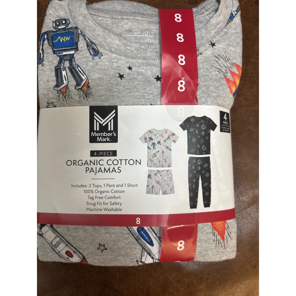 Member's Mark Boys 4pc Organic Cotton Pajamas Space Robot Rocket‎ Size 8 NWT